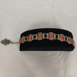 Vintage Silver Red Coral Hamsa Charm Bracelet 7" Boho Ethnic Southwest